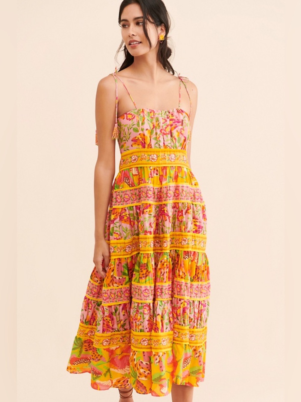 Farm Rio Mixed Fruits maxi  Floral Tiered Sundress Small